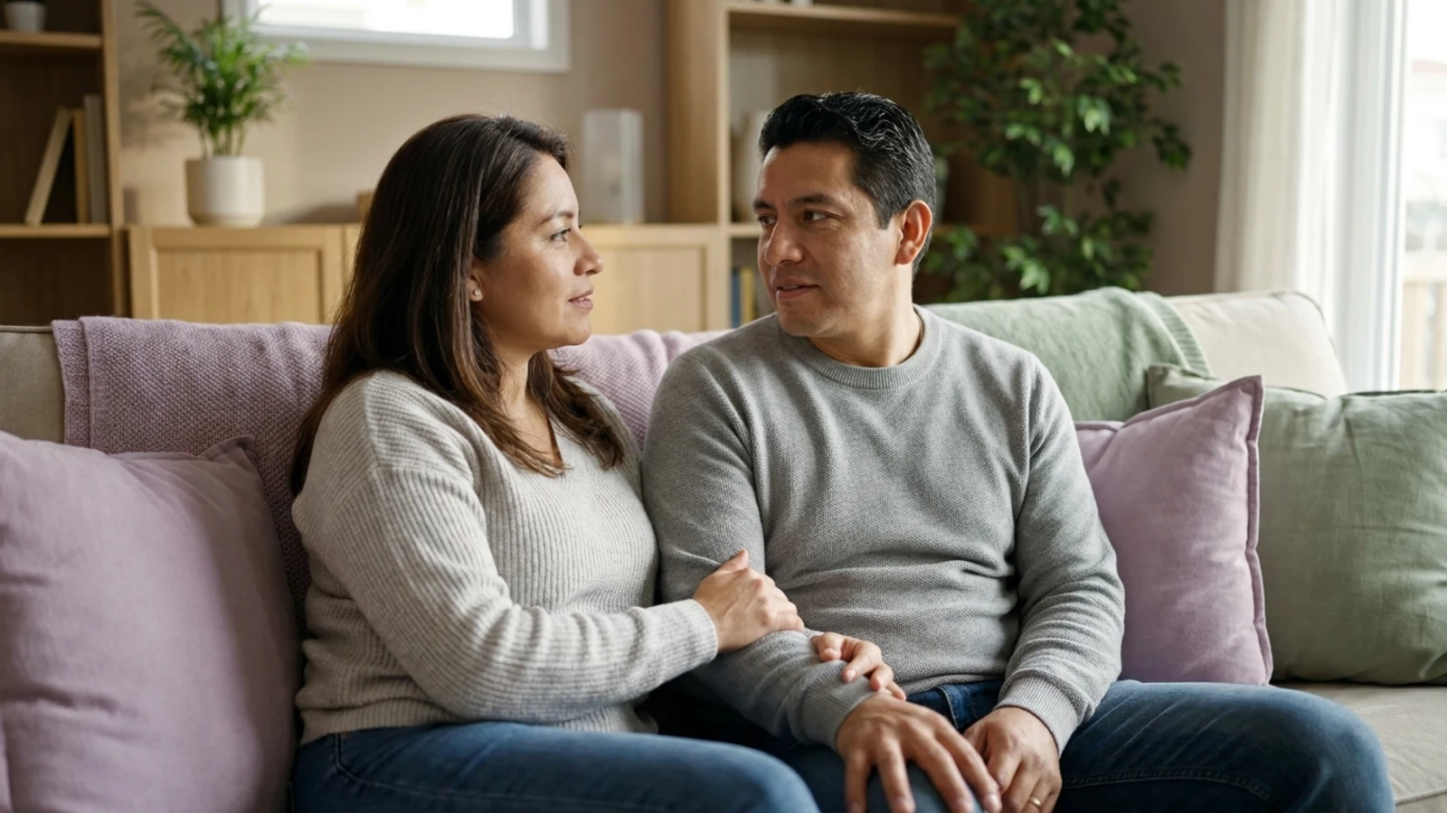 Two people rest their clasped hands together on a table in soft window light