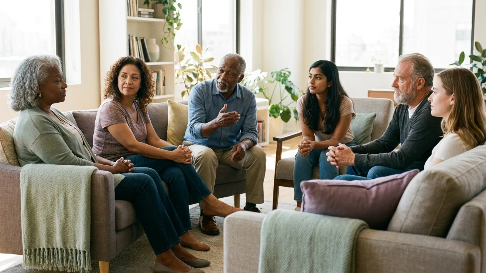 Several people rest their hands together in a circle in a quiet, supportive gesture